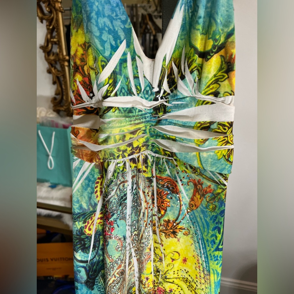 Cristinalove Turquoise and Yellow Halter Beachy Tropical Dress with Rhinestones - Picture 12 of 14